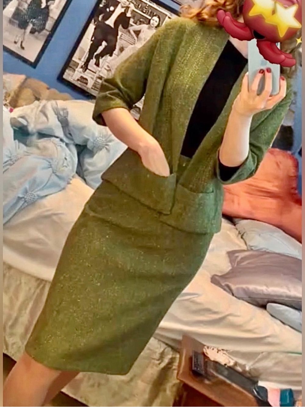 Vintage 1960s Juniors Olive Green Flecked Wool Skirt Set Suit Swing Jacket XS